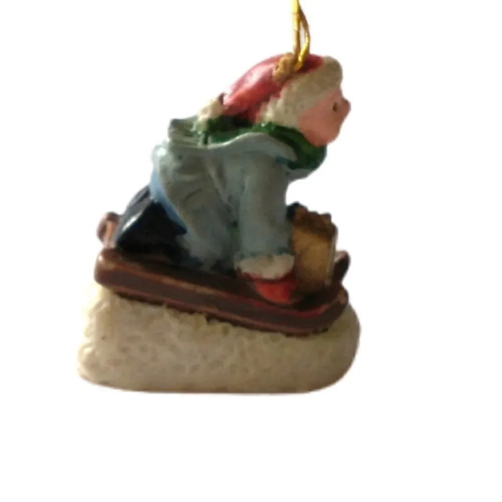 Vintage Victorian Child‎ On Sled Ornament Mini Micro Diorama Christmas Porcelain